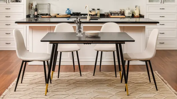 Set of Four Beige and Black Upholstered Fabric Dining Side Chairs