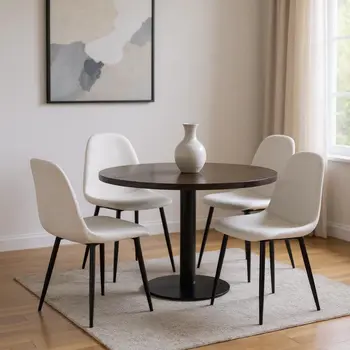 Set of Four Beige and Black Upholstered Fabric Dining Side Chairs