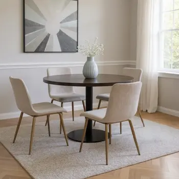 Set of Four Beige and Gold Upholstered Fabric Dining Side Chairs