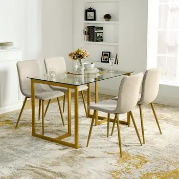 Set of Four Beige and Gold Upholstered Fabric Dining Side Chairs