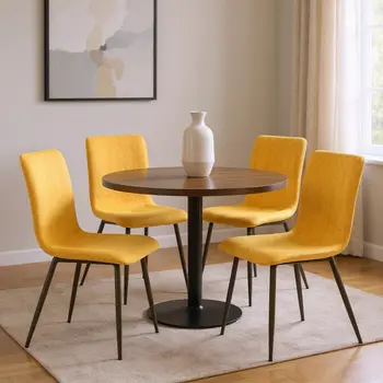Set of Four Yellow and Gold Upholstered Fabric Dining Side Chairs