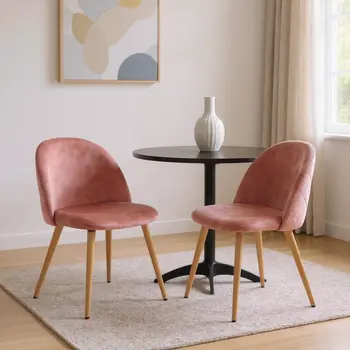 Set of Two Rose and Oak Upholstered Velvet Dining Side Chairs