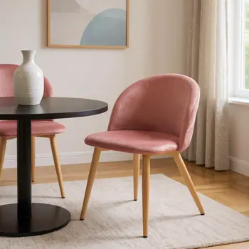 Pink and Oak Upholstered Velvet Dining Side Chair