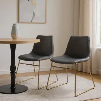 Set of Two Dark Green and Gold Upholstered Velvet Dining Side Chairs