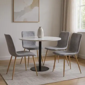 Set of Four Dark Gray and Gold Upholstered Fabric Dining Side Chairs