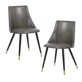 Set of Two Gray Black and Gold Upholstered Faux Leather Dining Side Chairs