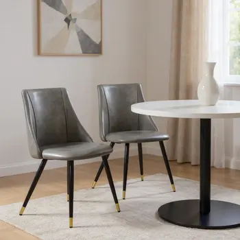 Set of Two Gray Black and Gold Upholstered Faux Leather Dining Side Chairs