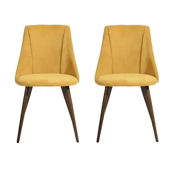 Set of Two Yellow and Brown Upholstered Fabric Dining Side Chairs