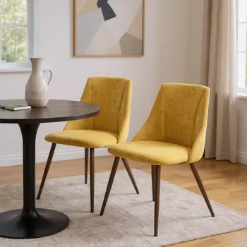Set of Two Yellow and Brown Upholstered Fabric Dining Side Chairs