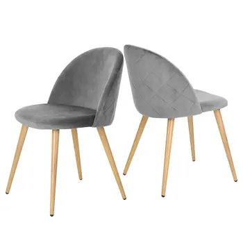 Set of Two Gray and Oak Upholstered Velvet Dining Side Chairs