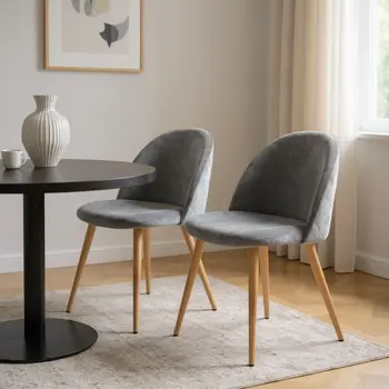 Set of Two Gray and Oak Upholstered Velvet Dining Side Chairs