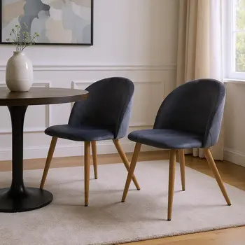 Set of Two Charcoal and Brown Upholstered Velvet Dining Side Chairs
