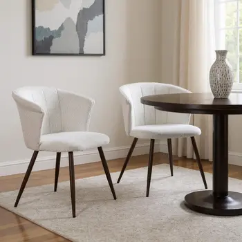 Set of Two Beige and Walnut Upholstered Fabric Dining Side Chairs