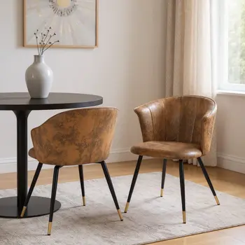 Set of Two Brown Black and Gold Upholstered Suede Dining Side Chairs