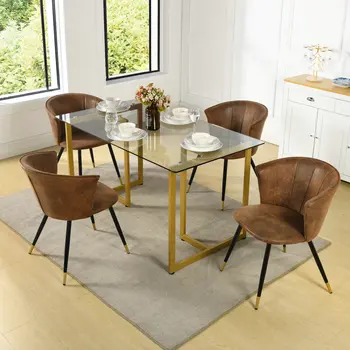 Set of Two Brown Black and Gold Upholstered Suede Dining Side Chairs