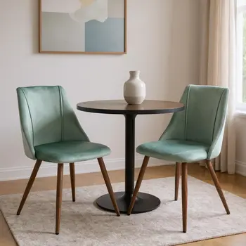 Set of Two Sage and Brown Upholstered Velvet Dining Side Chairs