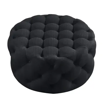 33" Black Linen Tufted Round Cocktail Ottoman