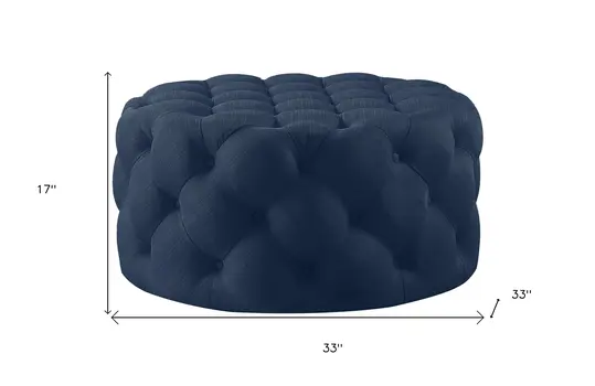 33" Navy Blue Linen Tufted Round Cocktail Ottoman
