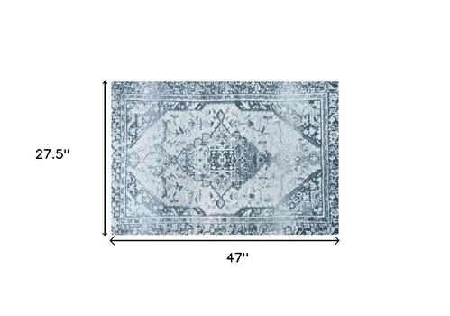 2' X 4' Blue Gray Oriental Distressed Washable Area Rug With UV Protection
