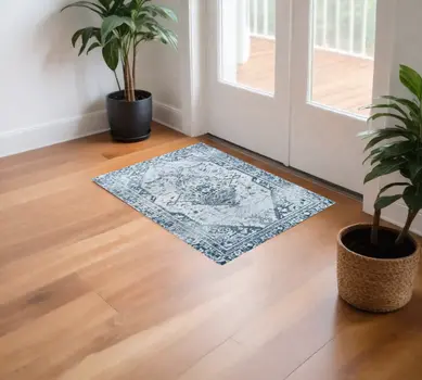 2' X 4' Blue Gray Oriental Distressed Washable Area Rug With UV Protection