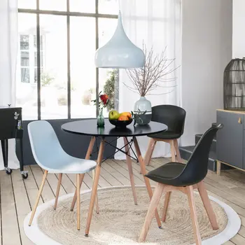 32" Black and Natural Wood Round Top Dining Table