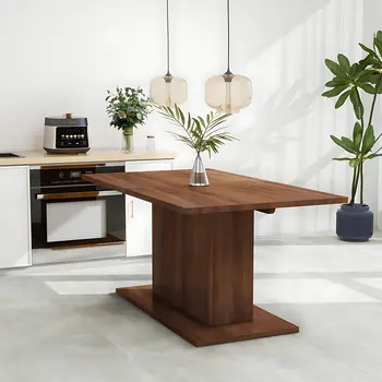 63" Brown Wood Self-Storing Leaf Pedestal Base Extendable Dining Table