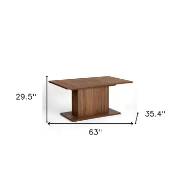 63" Brown Wood Self-Storing Leaf Pedestal Base Extendable Dining Table