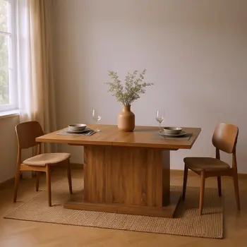 63" Brown Wood Self-Storing Leaf Pedestal Base Extendable Dining Table
