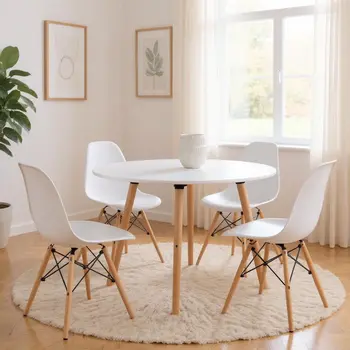 32" White and Natural Wood Round Top Dining Table