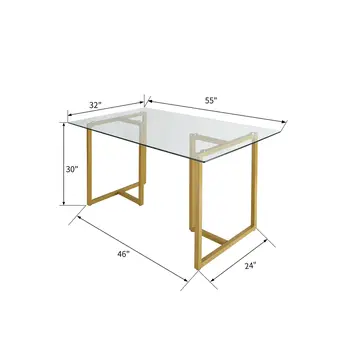 55" Clear And Gold Glass And Metal Sled Base Dining Table