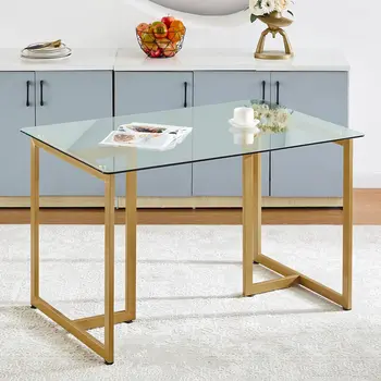 55" Clear And Gold Glass And Metal Sled Base Dining Table