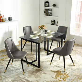 55" Gray And Black Glass And Metal Sled Base Dining Table