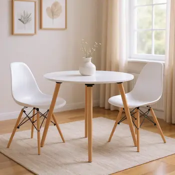 32" White and Natural Wood Round Top Dining Table