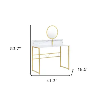 41" White And Gold Faux Marble and Steel Vanity Table with Mirror