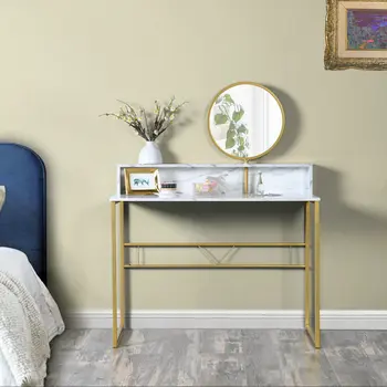 41" White And Gold Faux Marble and Steel Vanity Table with Mirror