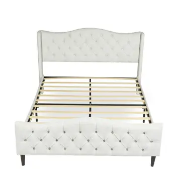 Beige Tufted Upholstery King Bed Frame