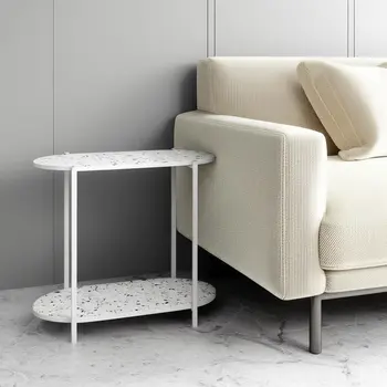 19" White And Gray Faux Terrazzo and Metal Oval End Table With Shelf