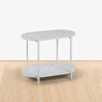 19" White And Gray Faux Terrazzo and Metal Oval End Table With Shelf