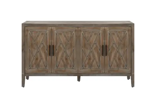 60" Natural and Brown Distressed Carved Geometric Sideboard with Four Doors