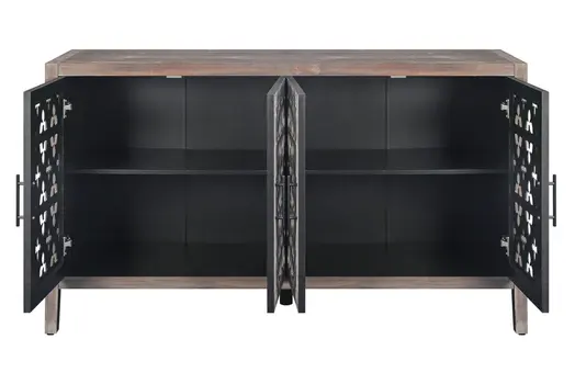 63" Brown Distressed Carved Scrollwork Sideboard with Four Doors