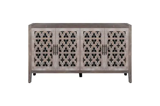 63" Brown Distressed Carved Scrollwork Sideboard with Four Doors
