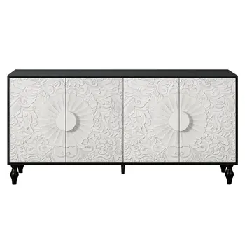 68" Black and White Distressed Carved Floral Sideboard with Four Doors