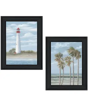 Set Of Two Cape May Lighthouse And Palm Trees Black Framed Wall Art