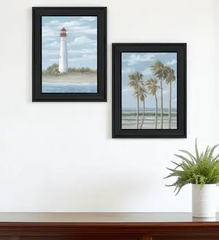 Set Of Two Cape May Lighthouse And Palm Trees Black Framed Wall Art