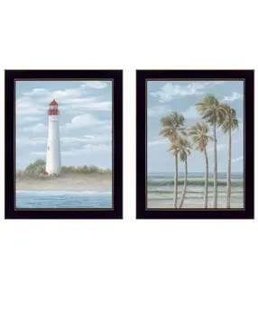Set Of Two Cape May Lighthouse And Palm Trees Black Framed Wall Art