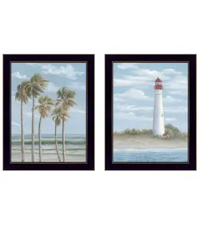 Set Of Two Cape May Lighthouse And Palm Trees Black Framed Wall Art