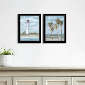 Set Of Two Cape May Lighthouse And Palm Trees Black Framed Wall Art