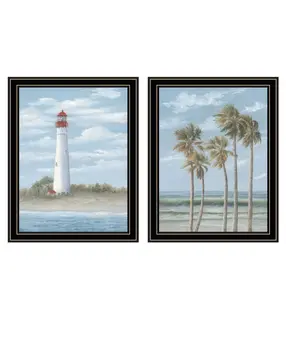 Set Of Two Cape May Lighthouse And Palm Trees Black Framed Wall Art