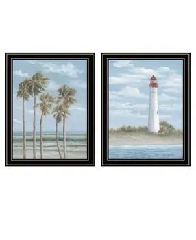 Set Of Two Cape May Lighthouse And Palm Trees Black Framed Wall Art