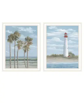 Set Of Two Cape May Lighthouse And Palm Trees White Framed Wall Art